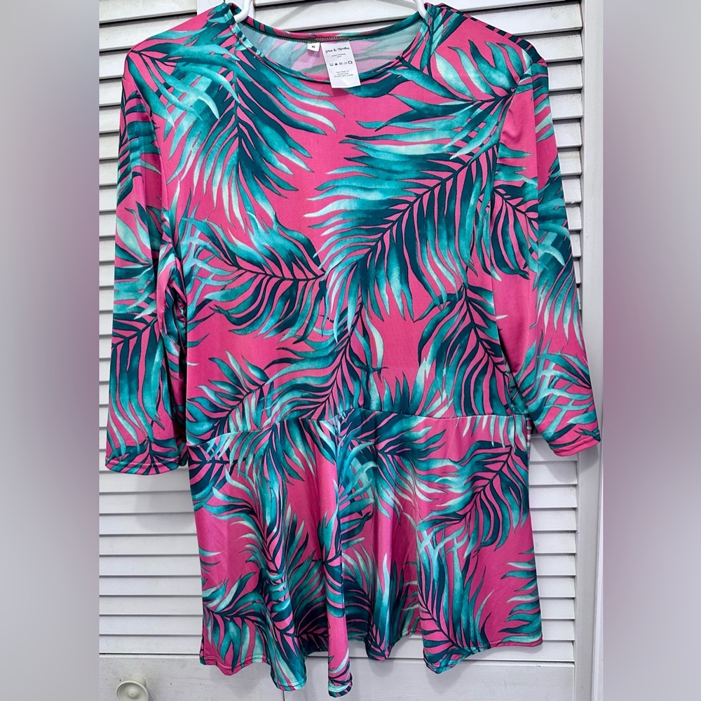 Pins & Needles Pink Tropical Leaf Peplum Top Size S
